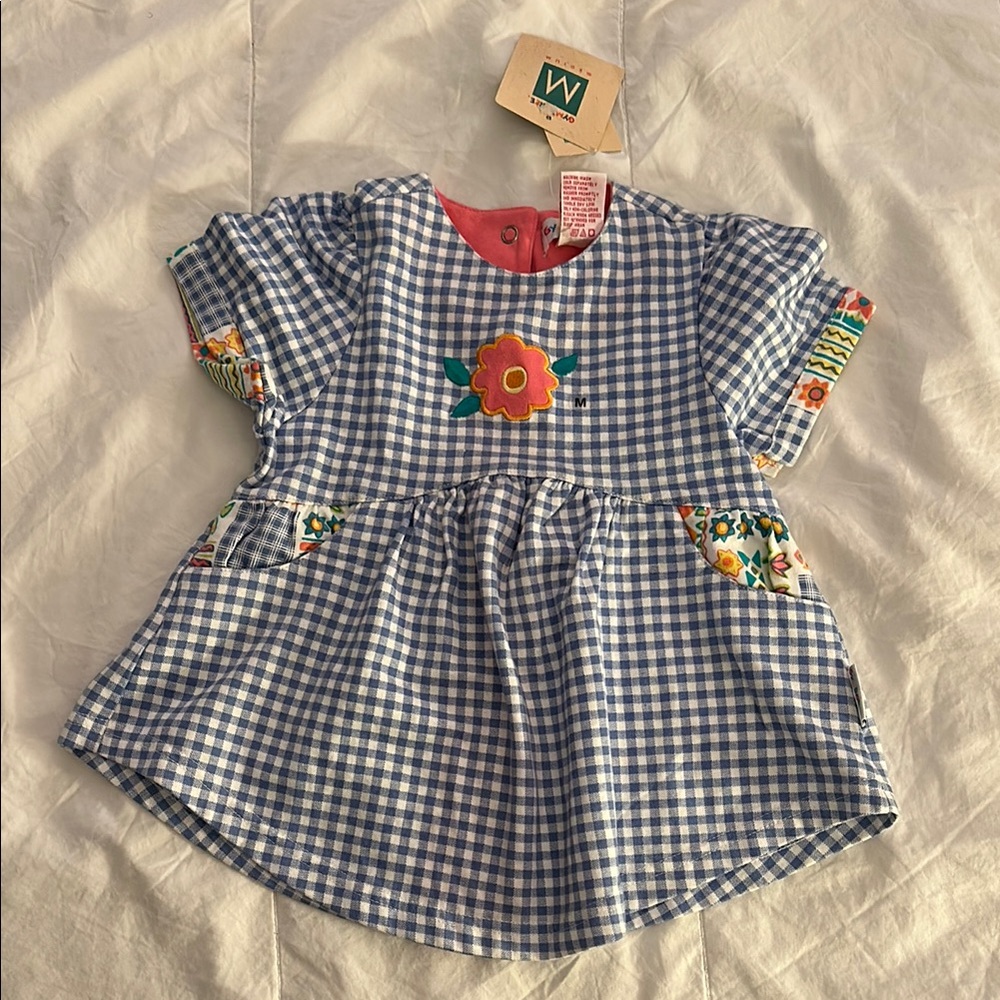 Blue Gingham Baby Dress with Floral Accents